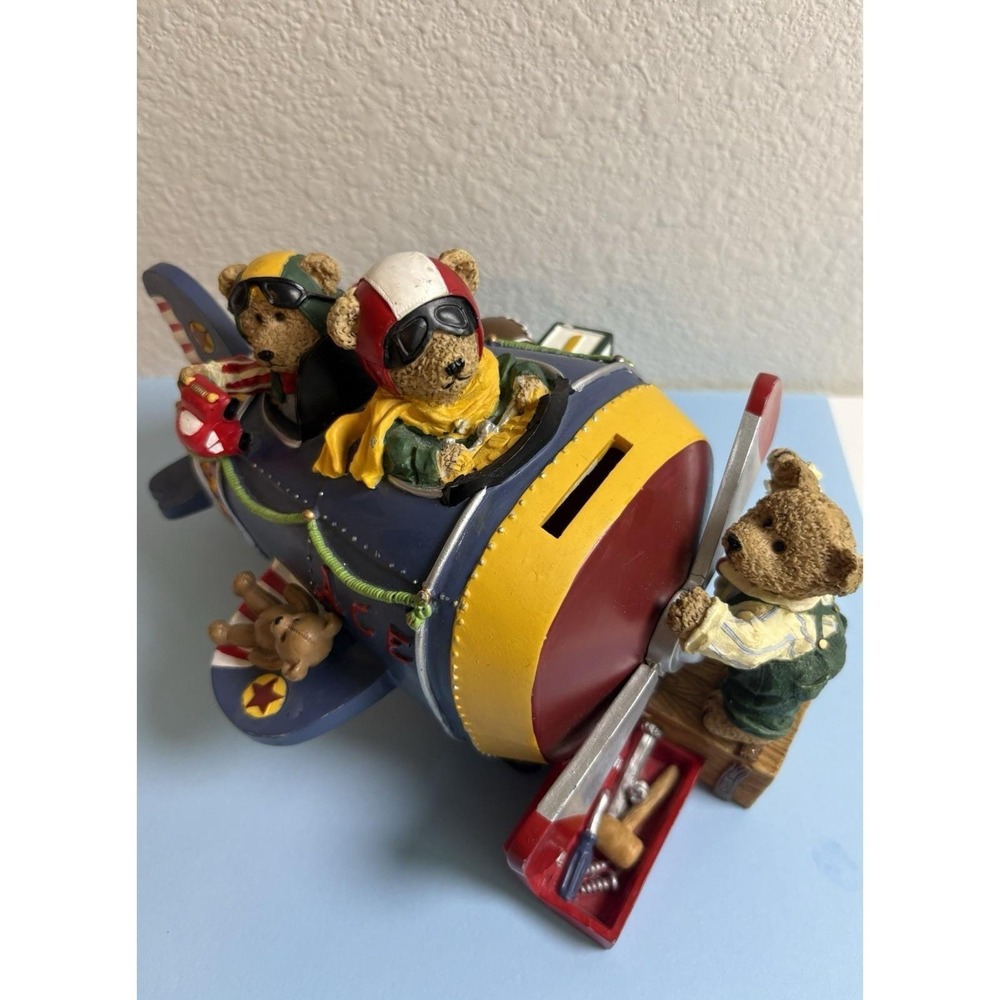 Vintage Teddy Bear Airplane Resin Hand Painted Kids Coin Bank . Preowned